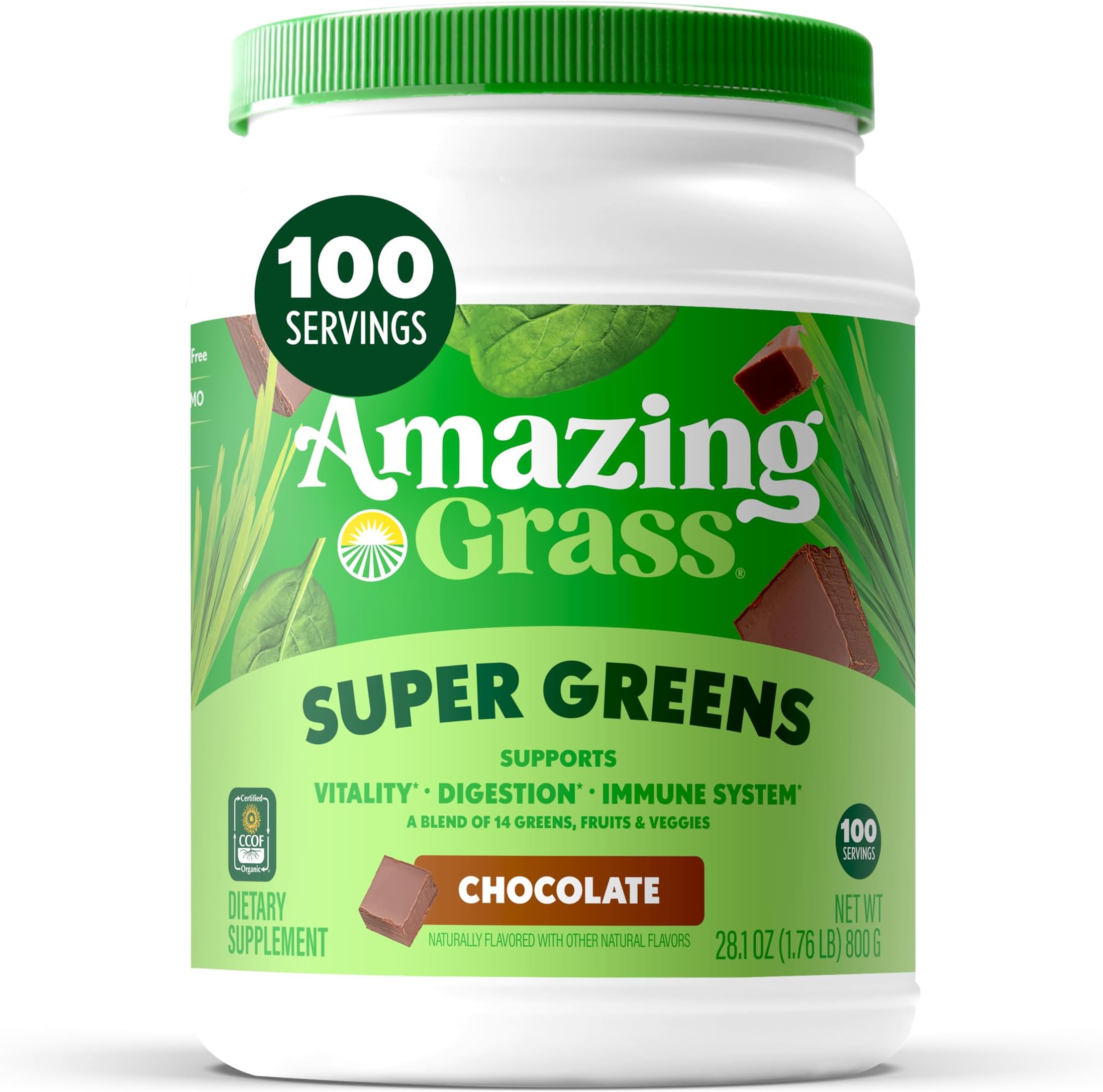 Amazing Grass Greens Blend Superfood: Super Greens Powder Smoothie Mix with Organic Spirulina, Beet Root Powder, Chlorella, Prebiotics & Probiotics, Chocolate, 100 Servings (Packaging May Vary)