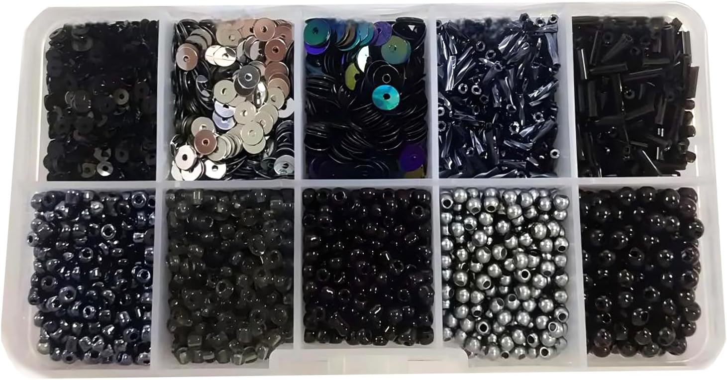 120 Grams Assorted Beads and Sequins Kit, Mixed Glass Craft Beads Loose Sequins for Crafting, Bracelets, Keychain Making, Black Tone