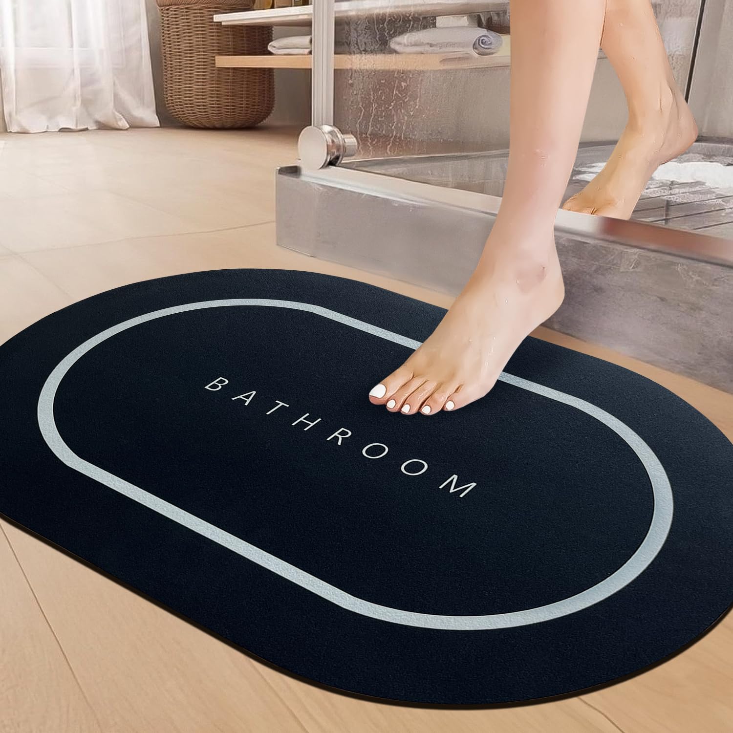 SITTELLA Rubber 1 Piece 3.5Mm Anti-Skid Water Soaking Bathroom Print Door,Floor Rectangular Bath Mat, Soft Quick Dry Water Absorbent Mat For Home Office 40X60Cm-Black