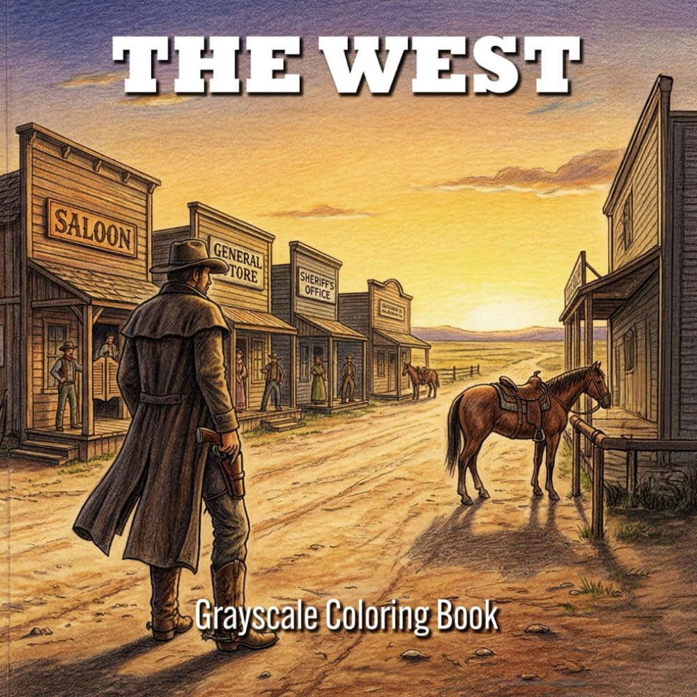 The West: A Grayscale Coloring Book: Cinematic Western Scenes for Relaxation and Creative Shading