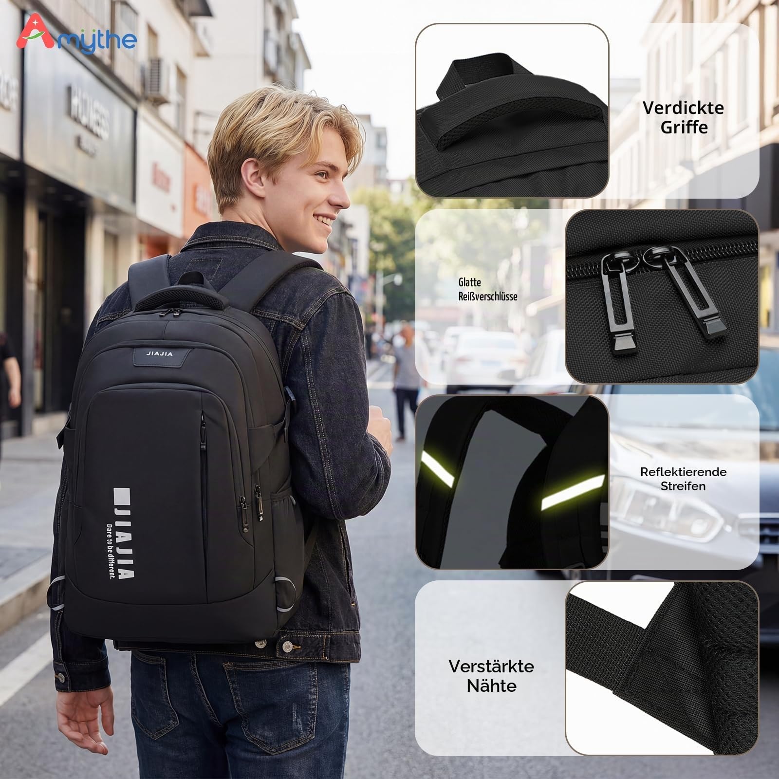 Amythe Schulrucksack Jungen Teenager mit 15,6" Laptopfach & Trolley-Gurt | Großer Rucksack Jungen, Wasserabweisender Schultasche für Oberstufe Universität, Tagesrucksäcke Reise, Schwarz