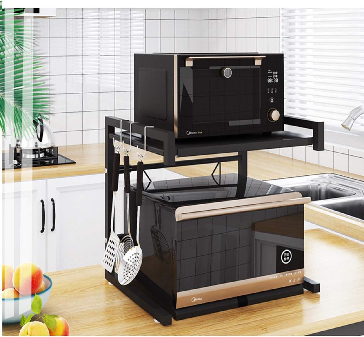 Metal Microwave Oven Rack Toaster Stand Shelf Expandable Kitchen Supplies Tableware Storage Counter Space Saver Cabinet Organizer Spice Holder with 3 Hooks, 60lbs Weight Capacity Black Stainless Steel