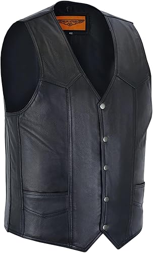 Dream Apparel Chaleco de cuero para hombre para motocicleta, chaleco de motociclista, chaleco negro con 2 bolsillos de transporte ocultos y cordones