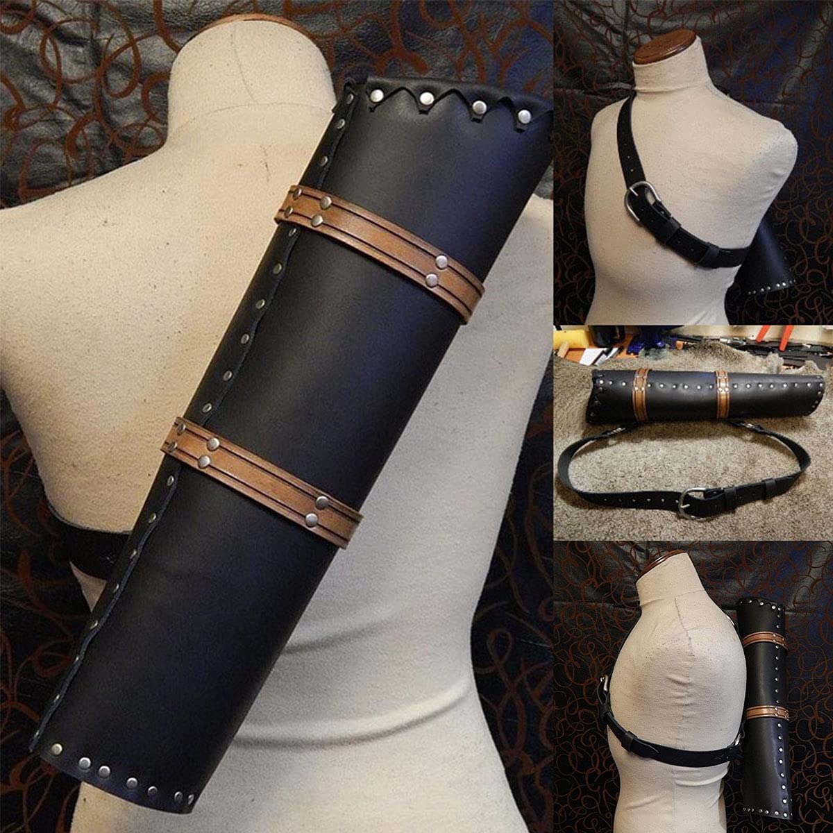 Zxkyzr8 Medieval Cosplay Costume Accessories, Rivet Decoration Cylinder Leather Shoulder-Back Large-Capacity Quiver Arrow Holder For Compound Recurve Bow Shooting Hunting Archery