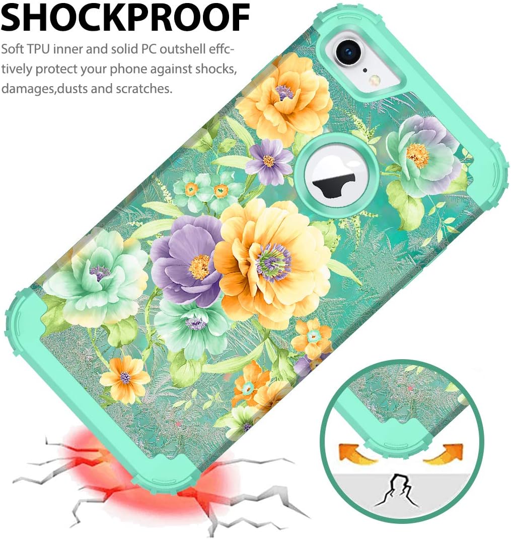 Hekodonk for iPhone 8/7 Case,Floral Heavy Duty Shockproof Protection Hard Plastic+Silicone Rubber Hybrid Protective Case for Apple iPhone 8 / iPhone 7 Green Floral