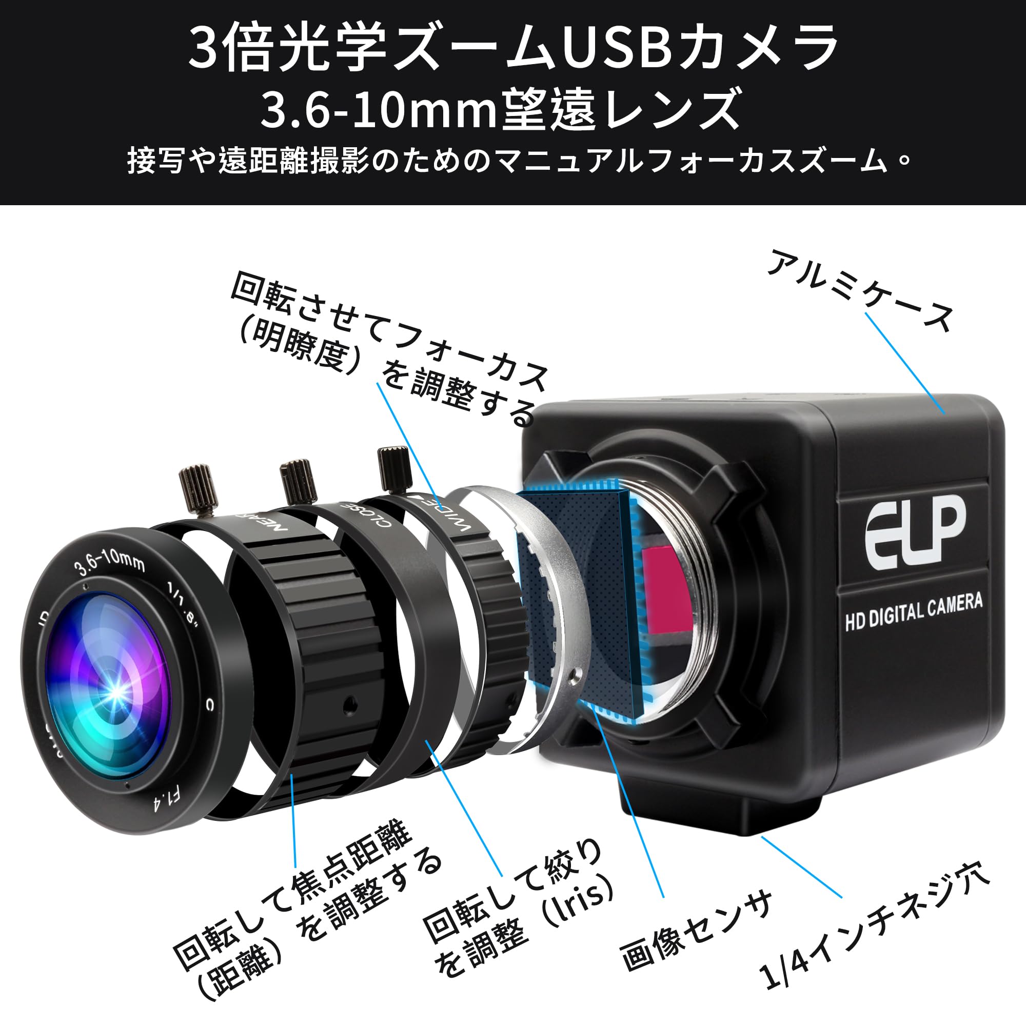 Amazon.co.jp: ELP マニュアルズームウェブカメラ1200万画素3.6-10mm