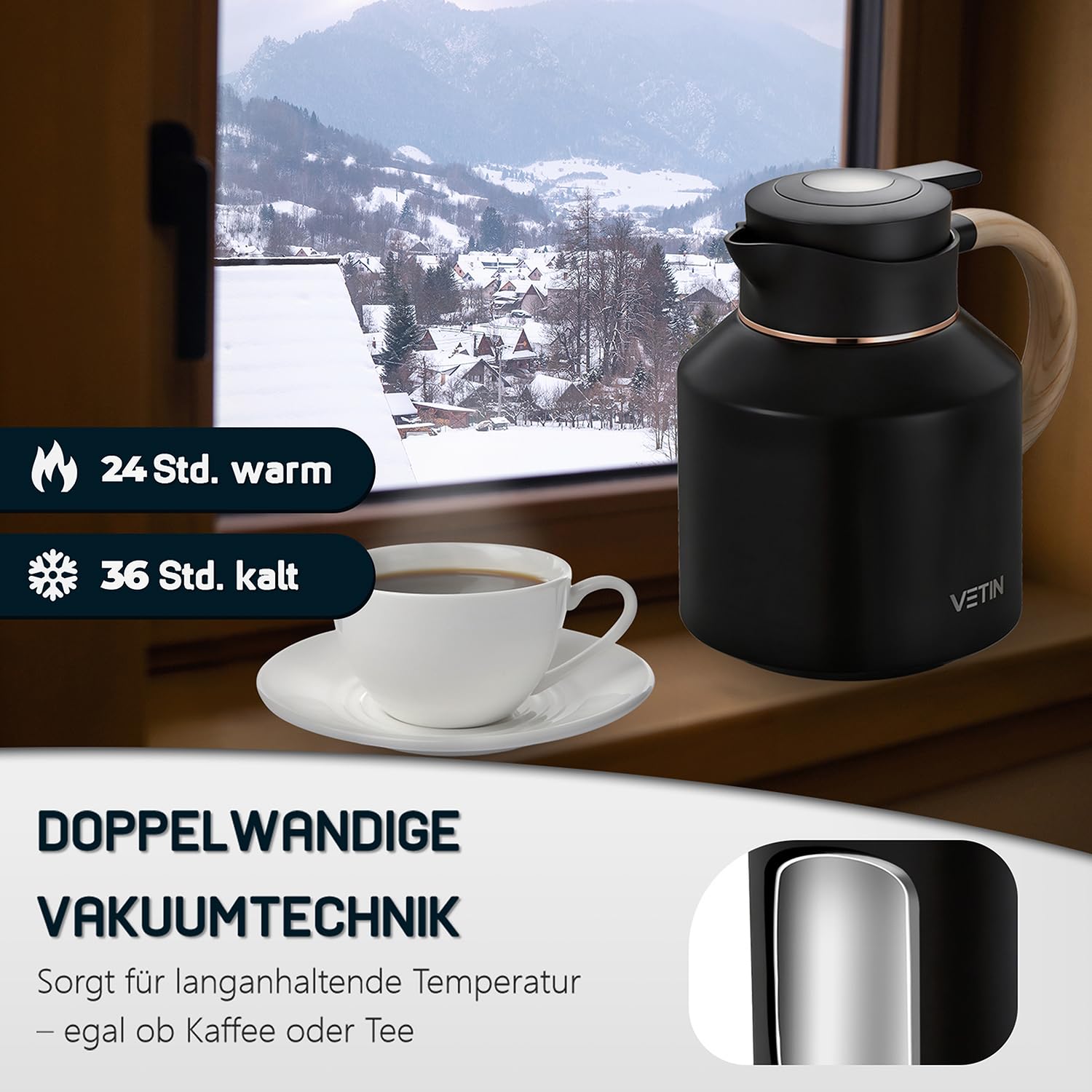 VETIN Caraffa termica con infusore da 1,8 l, in acciaio inox 316, caraffa termica | A prova di perdite, caldo per 24 ore e freddo per 36 ore, per tè, caffè e bevande fredde (manico in plastica)
