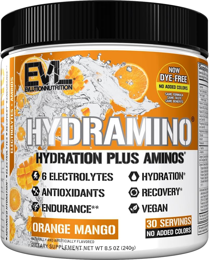 Evlution Nutrition HYDRAMINO Complete Hydration Multiplier, 6 Electrolytes, Vitamin C & B, Fluid Boosting Aminos, Coconut Water, Endurance, Recovery, Antioxidants, 30 Serve, Orange Mango (Dye Free)