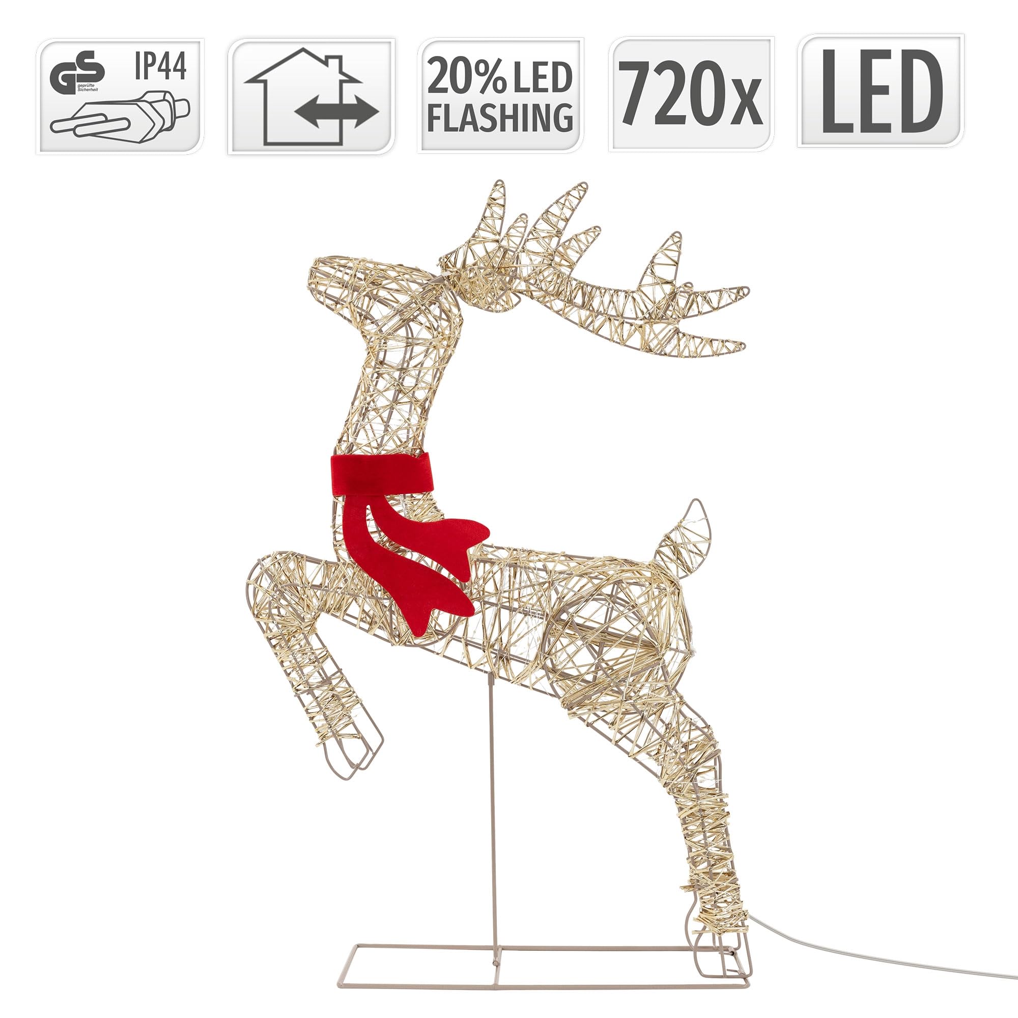 ECD Germany LED Rentier Weihnachten, Weihnachtsrentier, Weihnachtsdeko | Weihnachtsbeleuchtung Garten, Innen/Außen IP44, Beleuchtetes Hirsch Figur mit Timer & Blinkfunktion, 720 LED, Warmweiß, 91 cm
