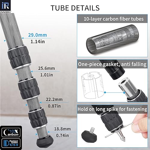 Vista 13 de Trípode de fibra de carbono INNOREL KT324C sin cabeza Trípode de viaje compacto portátil profesional para cámara digital DSLR Soporte de soporte
