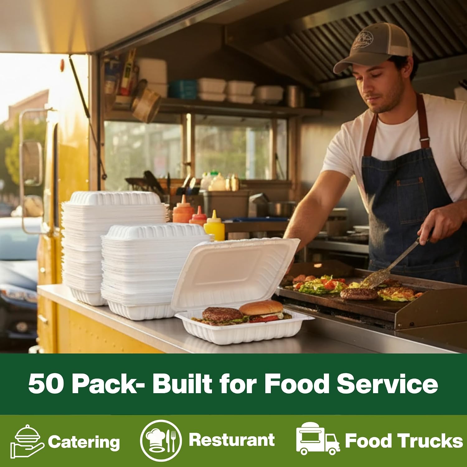 8" x 8" Hinged Clamshell Takeout Containers – 1 Compartment Disposable Food Containers, Heavy Duty Leak-Resistant To-Go Boxes, Microwaveable with Corner Lock, White – 20 Pack