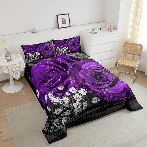 Miniatura 4 de Juego de edredón floral morado, 3 piezas, romántico juego de ropa de cama con rosas moradas para niñas, niños, mujeres y hombres, elegante edredón
