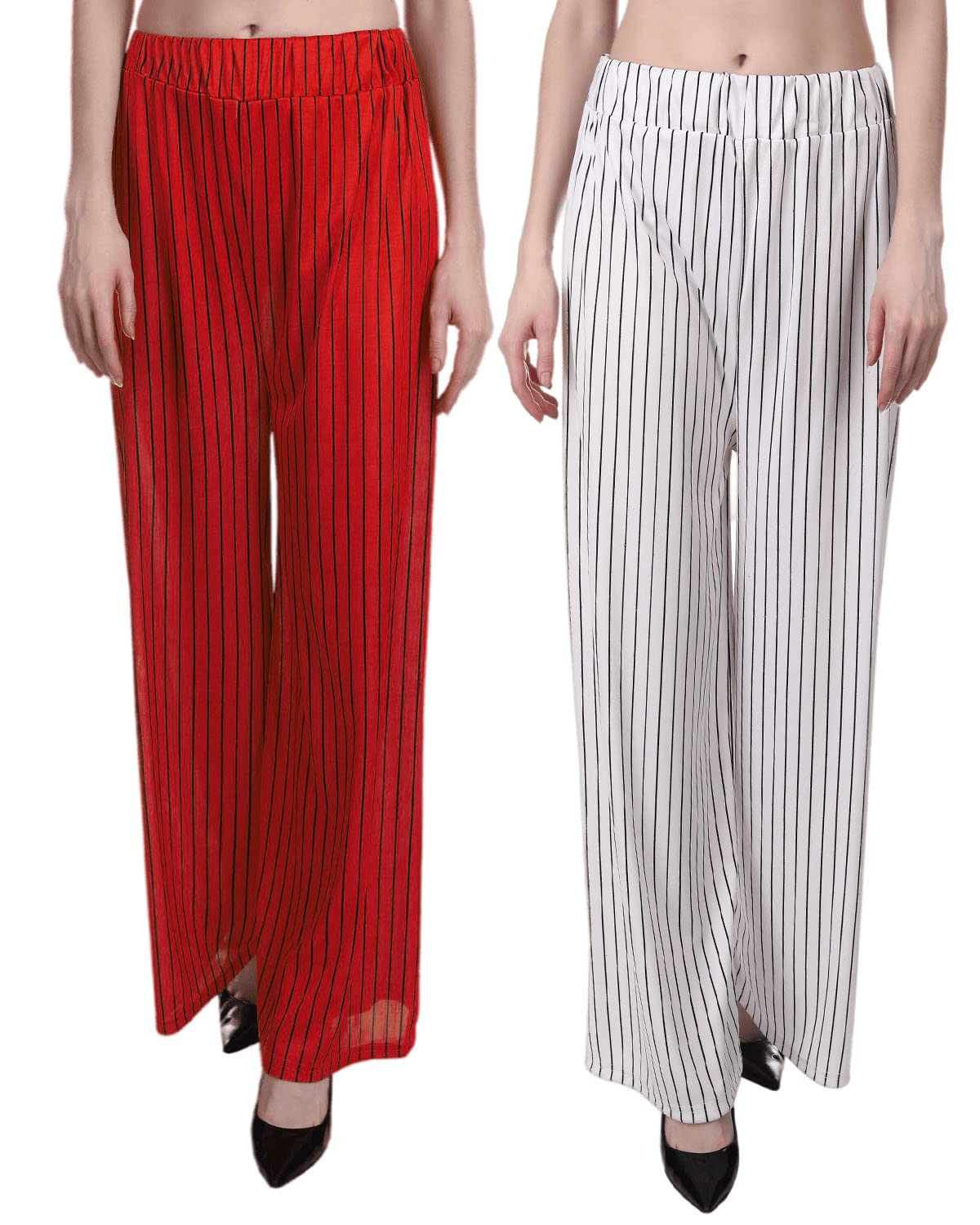 Printed Striped Western Palazzo/Trouser/Pant for Women/Girls Combo (Waist 28 Inches to 36 Inches) Assorted Colours Red and White-image-49