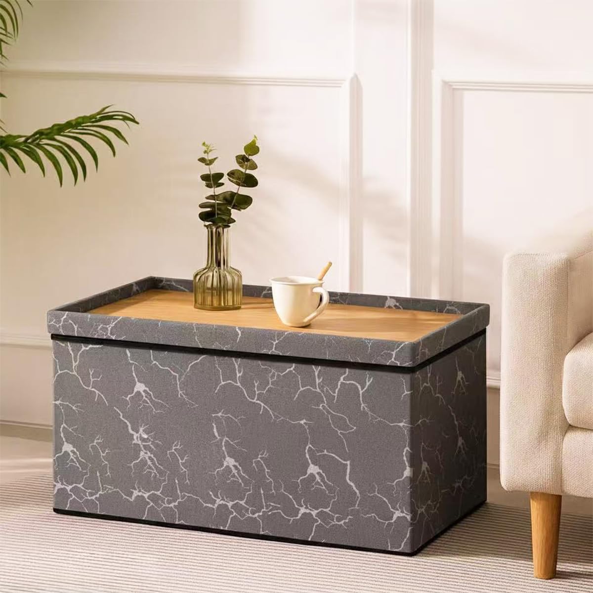 Luxury Foli Print Ottoman Storage Box with Wooden Tea Table Top Foldable Ottoman Storage Bench Seat for Living Room, Bedroom & Hallway Multipurpose Footstool & Marble Design 76×38 ×38cm (Light Grey)