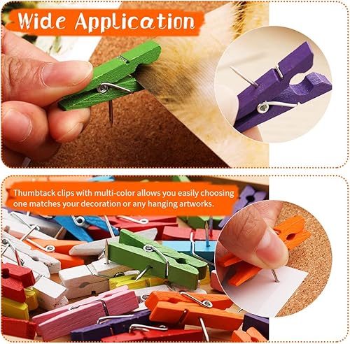 Miniatura 5 de Pinzas de empuje coloridas, tachuelas para el pulgar con clips de madera, 100 pines para tablero de corcho, decoraciones de tablones de anuncios,