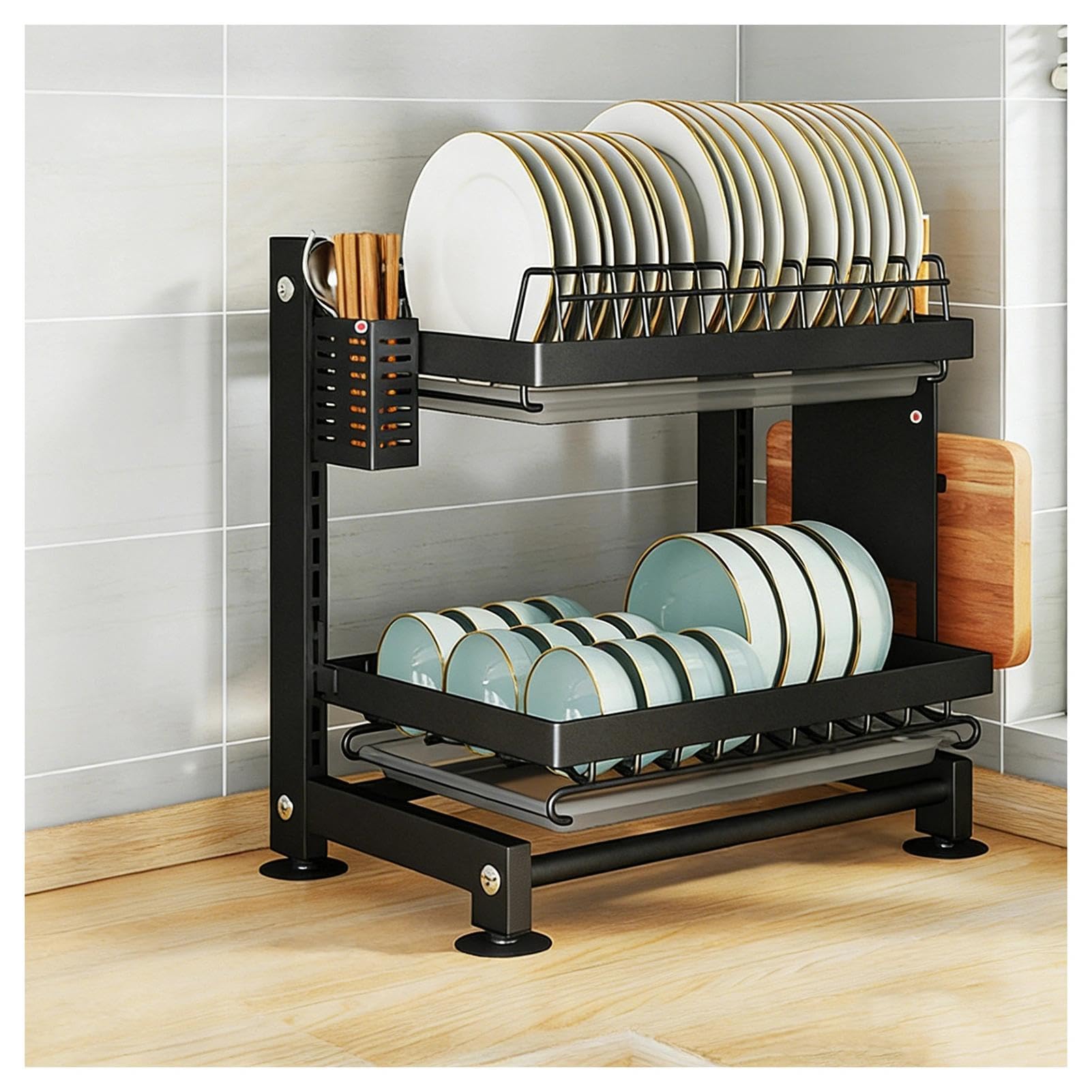 Geschirrabtropfgestell – Multifunktionales, verstellbares und platzsparendes Geschirrabtropfgestell mit Besteckhalter, Abnehmbarer Abtropffläche und rostfreiem Metall(Black,2 Tier)