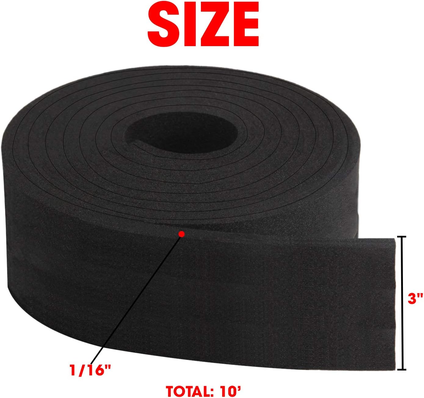 Neoprene Foam Strip Roll by Dualplex, 3" Wide x 10' Long x 1/16" Thick, Weather Seal High Density Stripping – Weather Strip Roll Insulation Foam Strips - 10 Feet Long