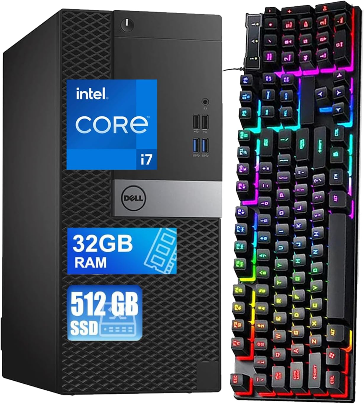 Dell Optiplex 7040 MT Desktop i7 Computer PC, 7040 Tower Quad Core i7-6700 3.4GHz to 4.0GHz, 32GB RAM, 512GB SSD, RGB Keyboard, Win10 pro(Renewed)