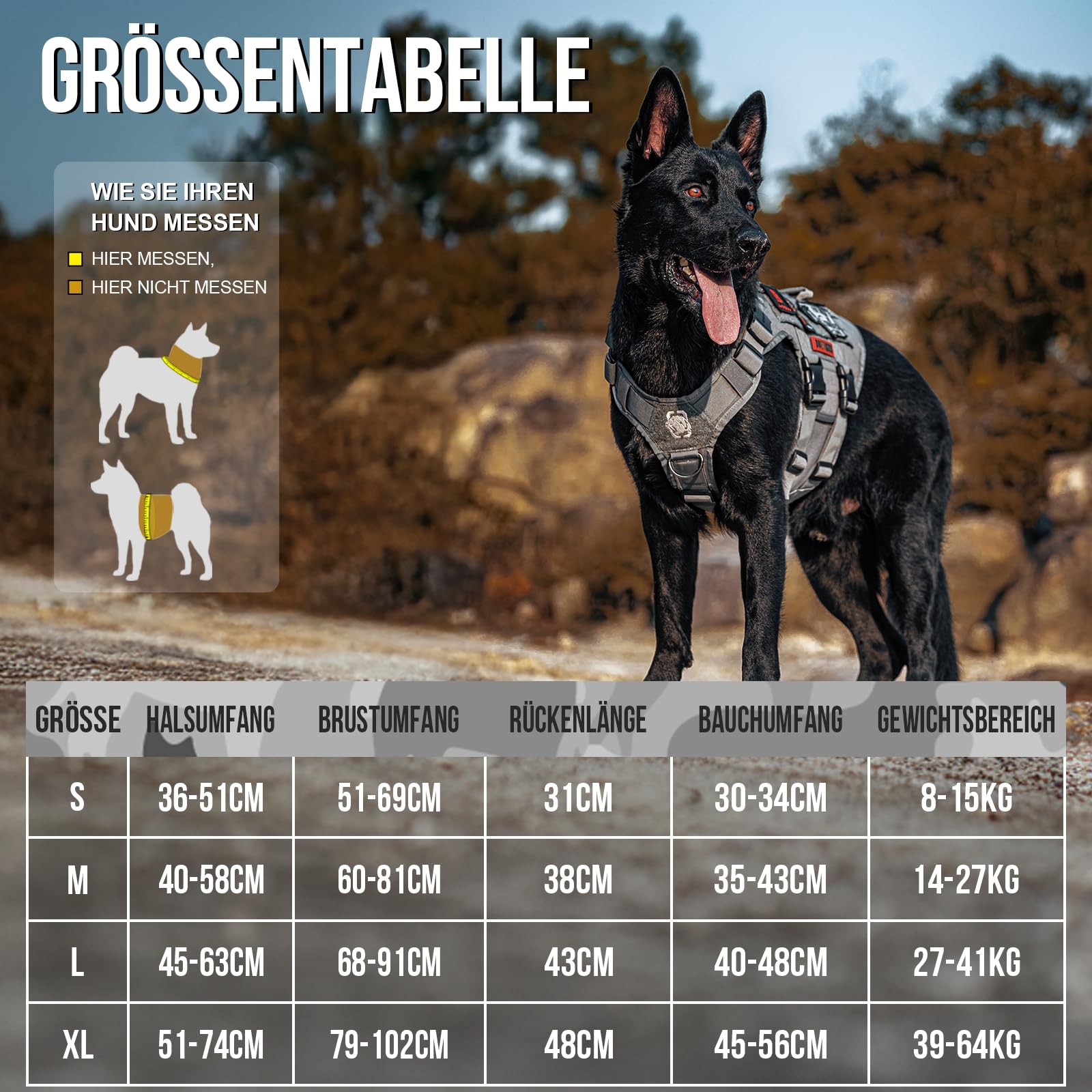OneTigris Arnés para perros, X DESTROYER Tactical Harness Dog 3 Manijas Heavy Duty Dog Carpa con Hebillas de Metal, Arnés de seguridad ajustable para perros medianos - Gris M