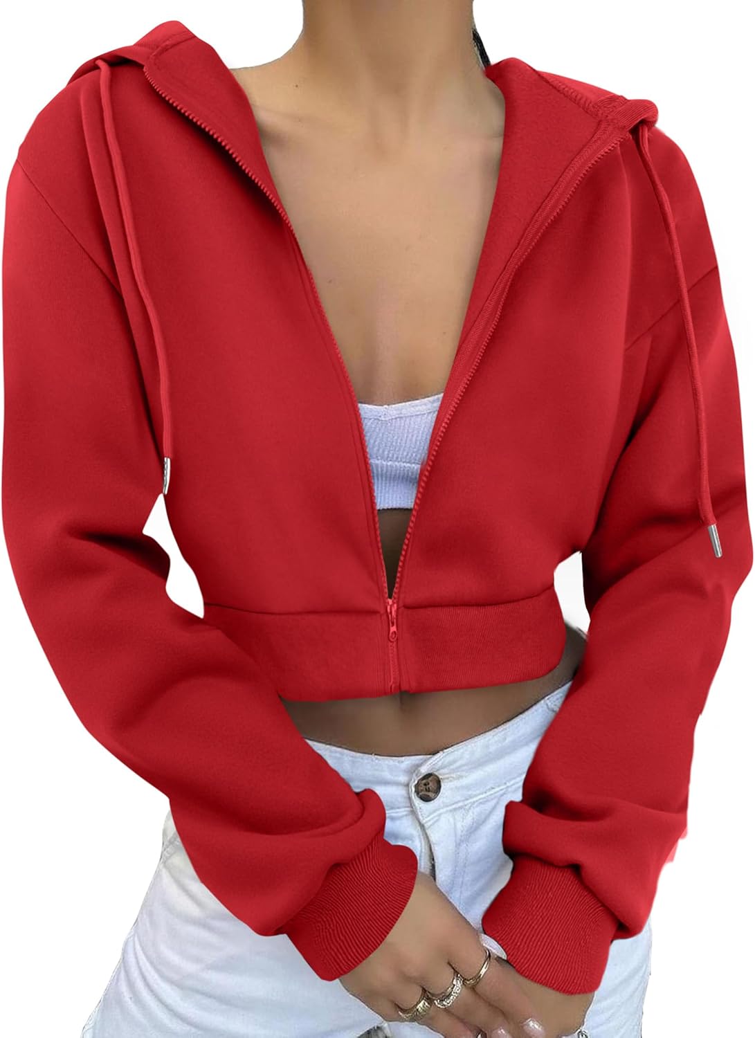 Remidoo Women's Zip Up Cropped Hoodie Crop Top Sweatshirt Drawstring Long Sleeve Jacket - Image 2