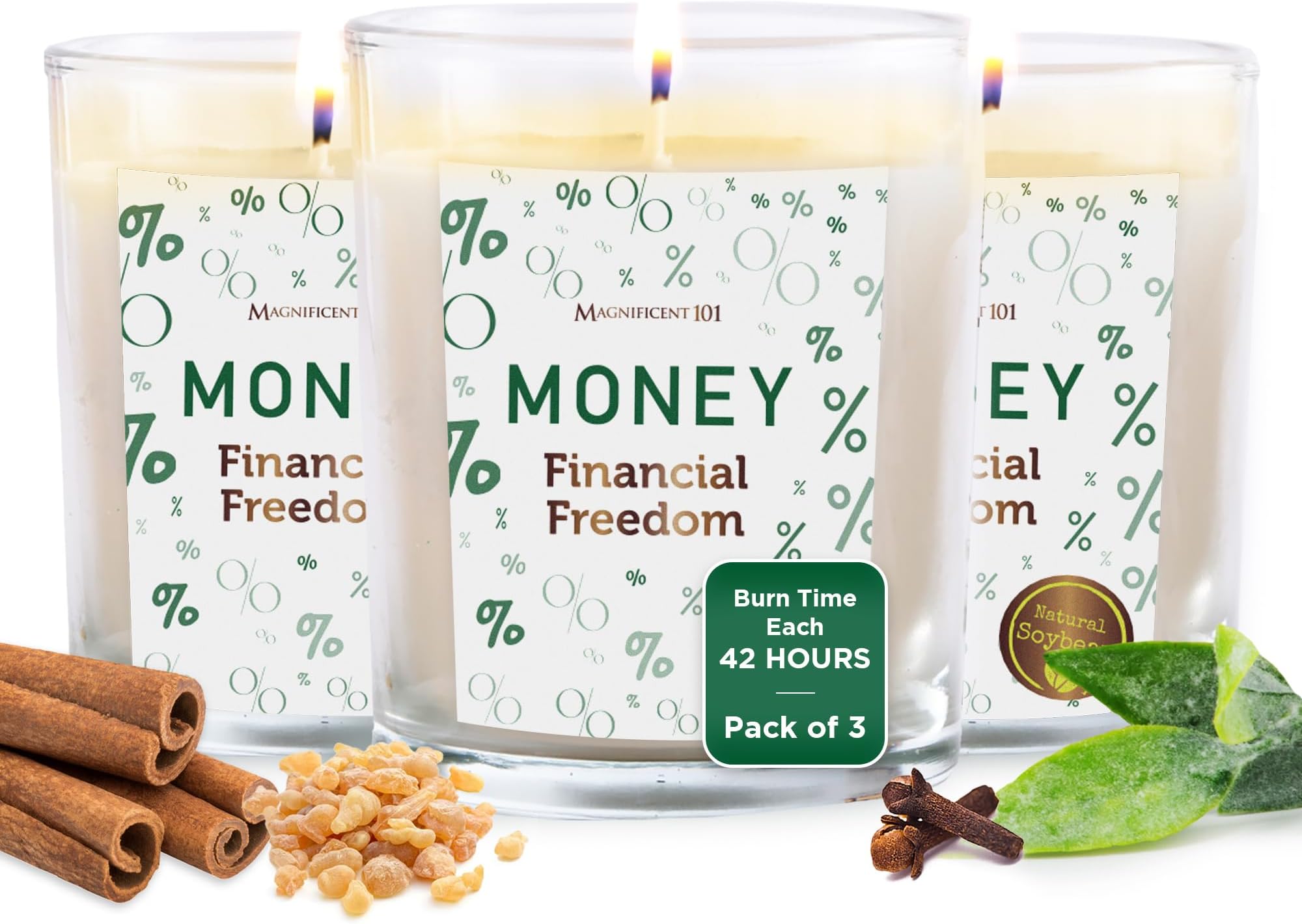 MAGNIFICENT 101 Set of 3 Long-Lasting Money Financial Freedom Smudge Candles - 10.5 oz - 42-Hour Burn - Made with Soy Wax and Sage Herbs - Candle for House Energy Cleansing & Manifestation