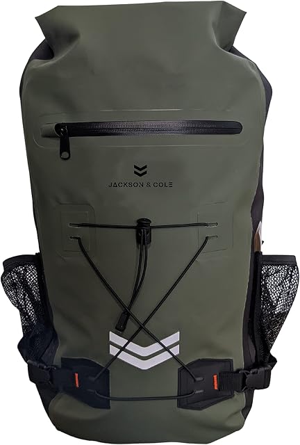 Jackson & Cole Waterproof Backpack - 25L Dry Bag Backpack - Rolltop, Welded Seams, Reflector, Elastic Webbing for Watersports, Motorcycling, Camping, Kayaking, Hiking, Boating, Fishing