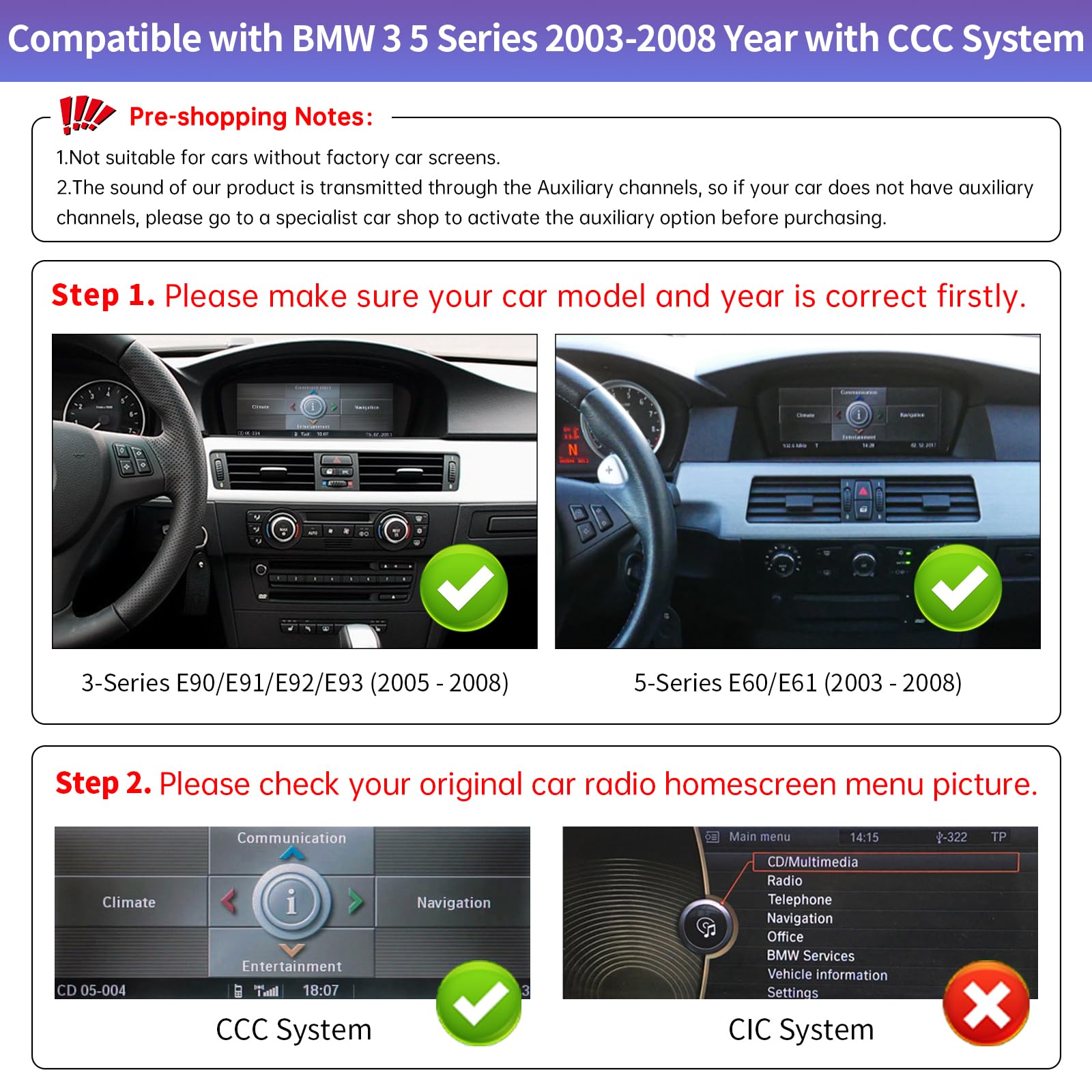 Road Top 8,8 Pulgadas Inalámbrico Carplay Car Radio Coche para BMW 3 5 Serie E90/E91/E92/E93/E60/E61 Año 2003-2008 con Sistema CCC, Pantalla táctil de para Carplay/Android Auto/Mirrorlink