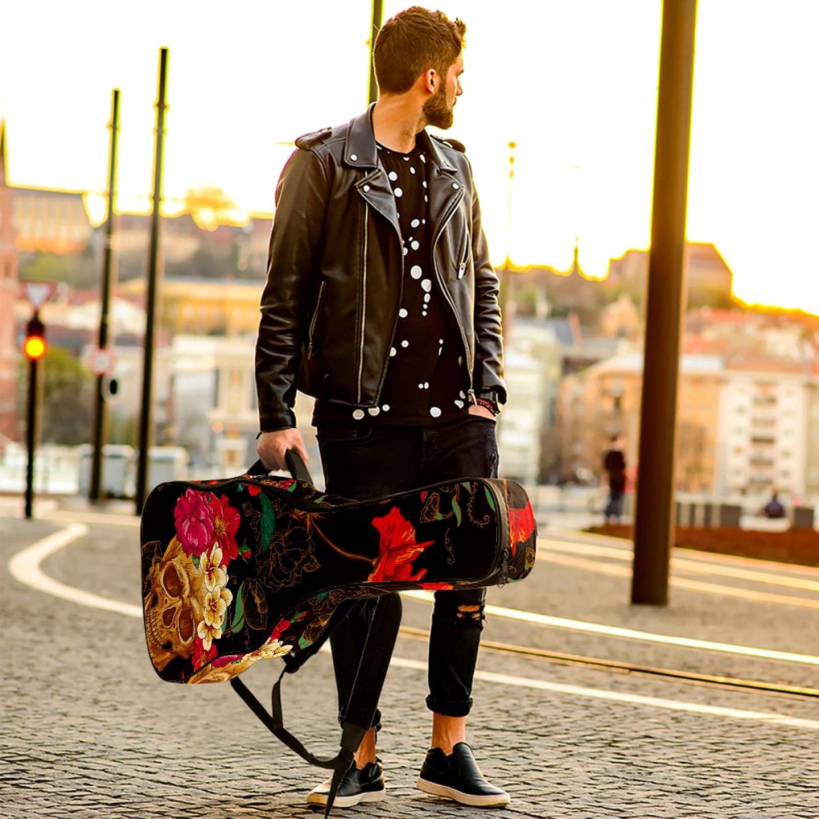 Sac de transport souple pour guitare électrique avec double sangle d'épaule réglable pour guitare basse, guitare acoustique et guitare folk classique avec motif crâne et fleur