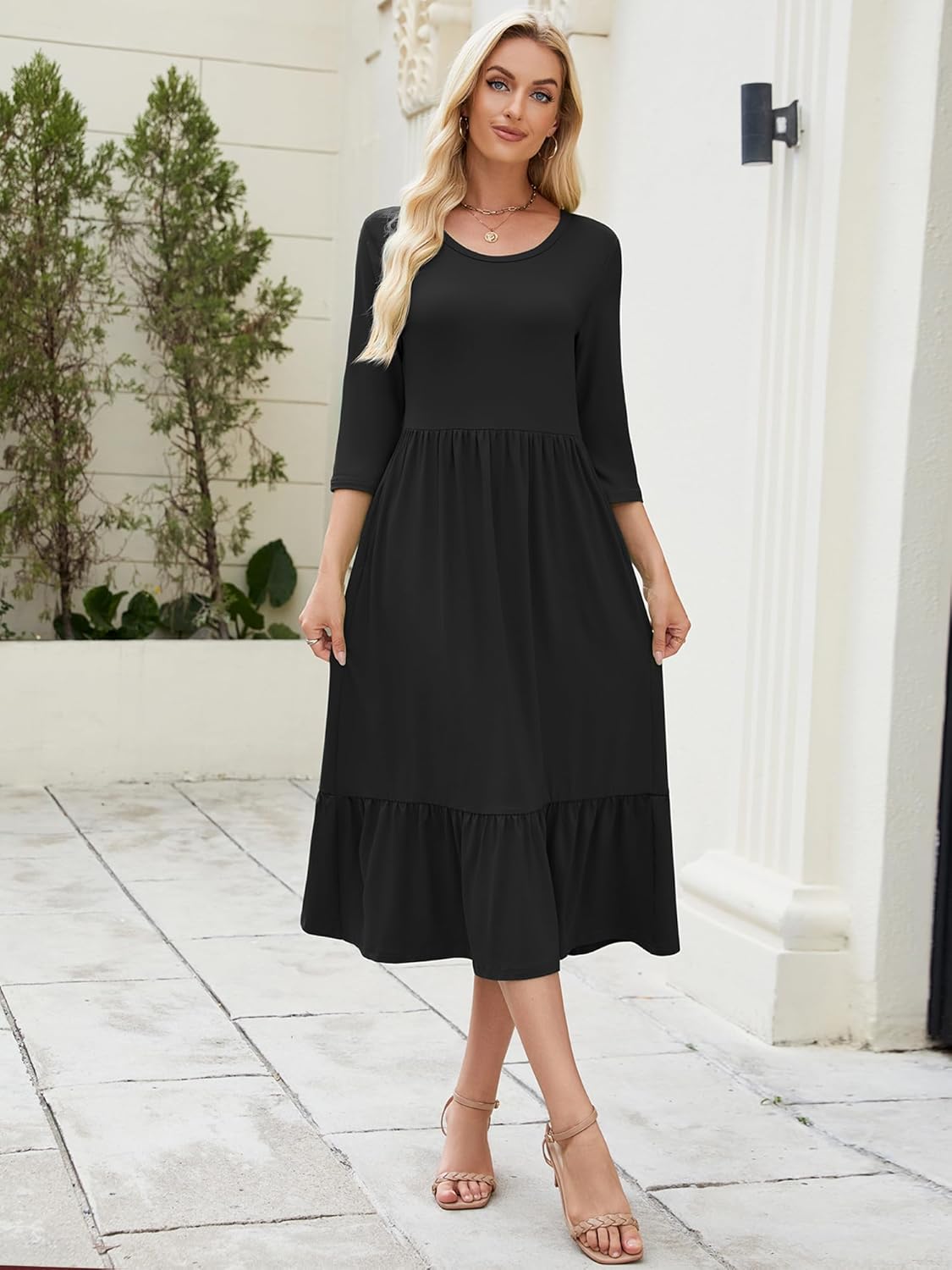 Heymoments Women's Casual 3/4 Sleeve Midi Dress Crewneck A line Tiered Flowy Loose Beach Travel Long Dresses with Pockets - Image 4