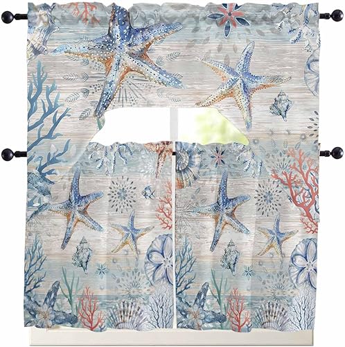 Miniatura 11 de Cortinas de cocina con cenefa de cangrejo oceánico, cenefa con bolsillo para barra, paneles de cortina para dormitorio, sala de estar, baño,