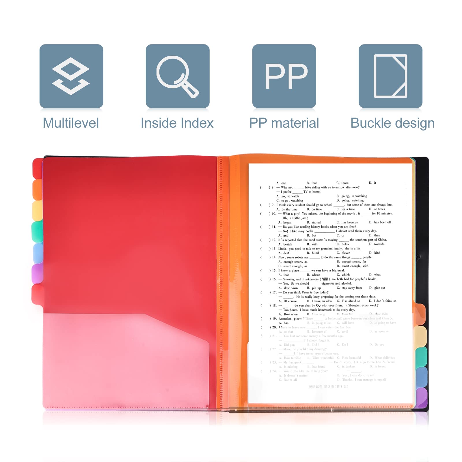 Delamiya Porte-documents A4 - Portable - 12 compartiments - En plastique PP - Avec élastique - Étanche - Pour école - Fournitures de bureau - Noir