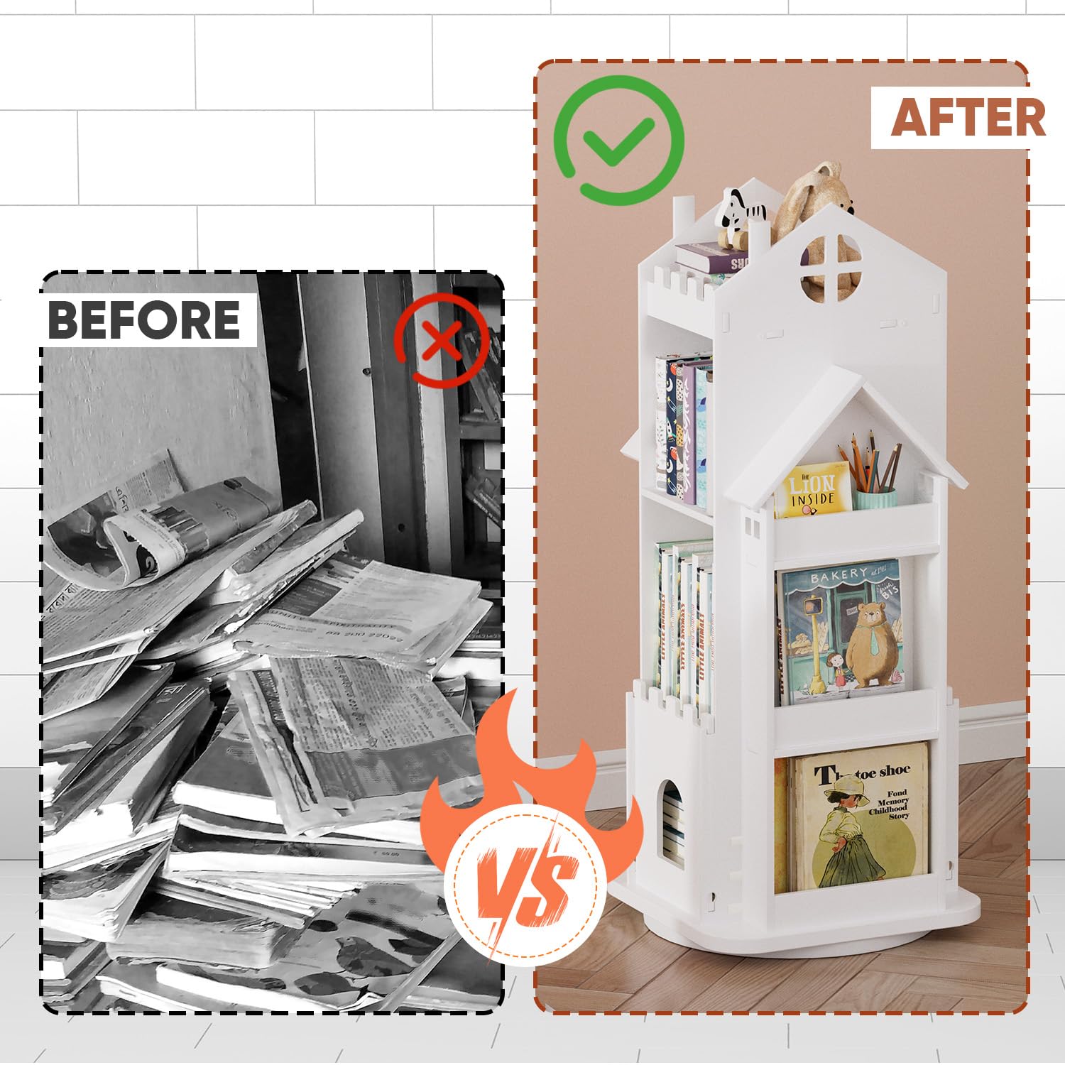 Nisorpa Bibliothèque rotative pour enfants en forme de maison, bibliothèque blanche pour enfants sur pied, bibliothèque château pour enfants