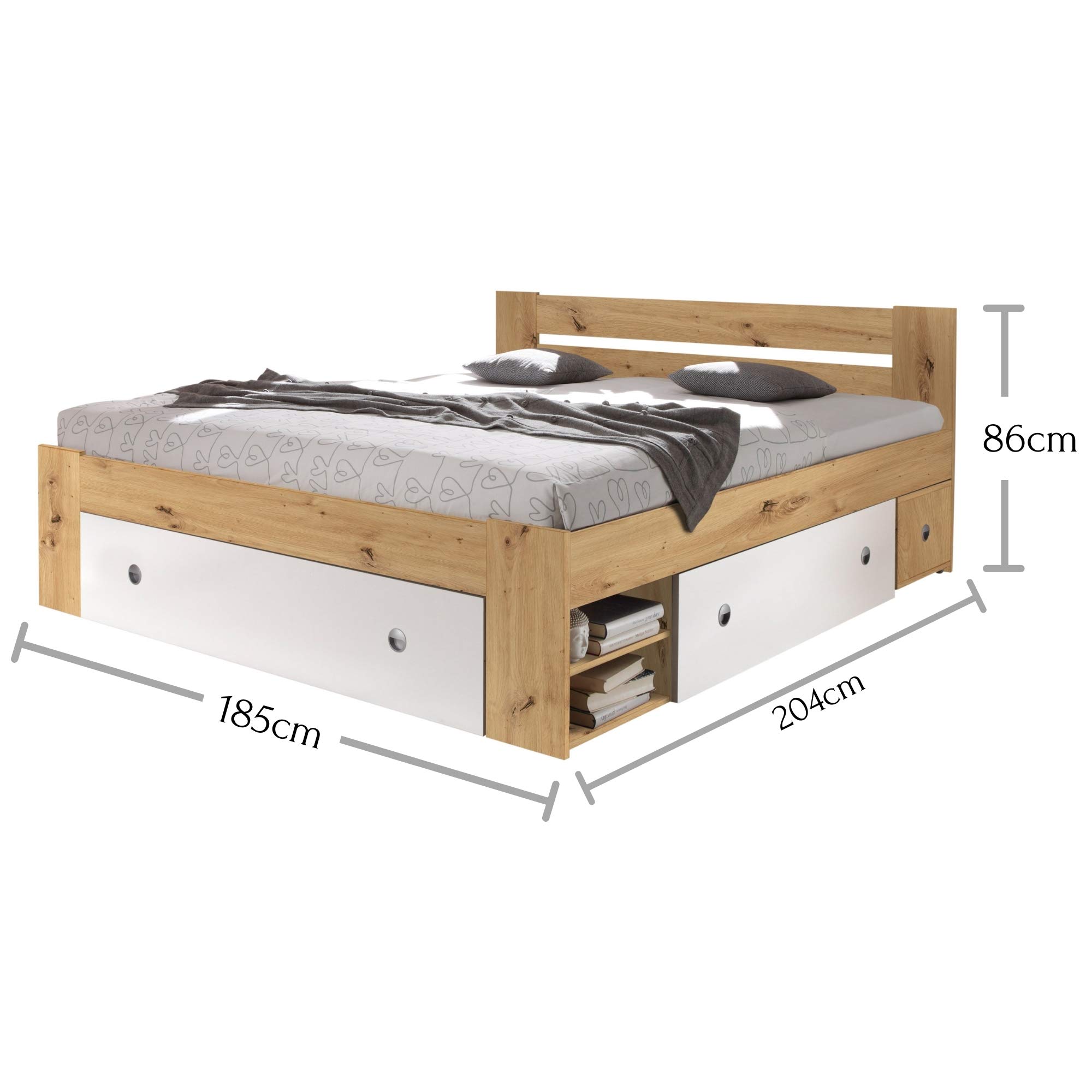 Stella Trading Stefan Moderne Doppelbett Bettanlage 180 x 200 cm mit 2x Nachtkommoden - Schlafzimmer Komplett-Set in Artisan Eiche Optik, Weiß - 185 x 86 x 204 cm (B/H/T)