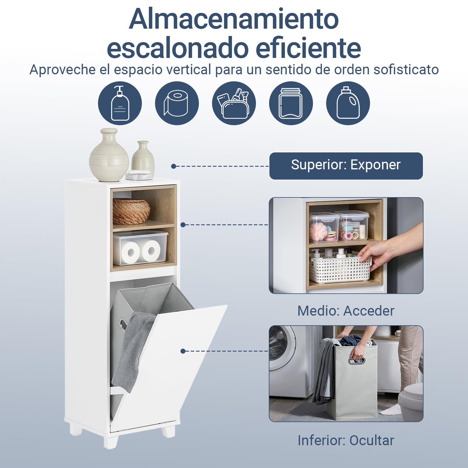 SoBuy Mueble Baño Estrecho con Cesto para Ropa Sucia 35x105x30 cm Blanco | Mueble Ropa Sucia Baño con Saco Abatible, Armario Baño con 2 Compartimentos y Cesto para lLavandería, BZR146-W