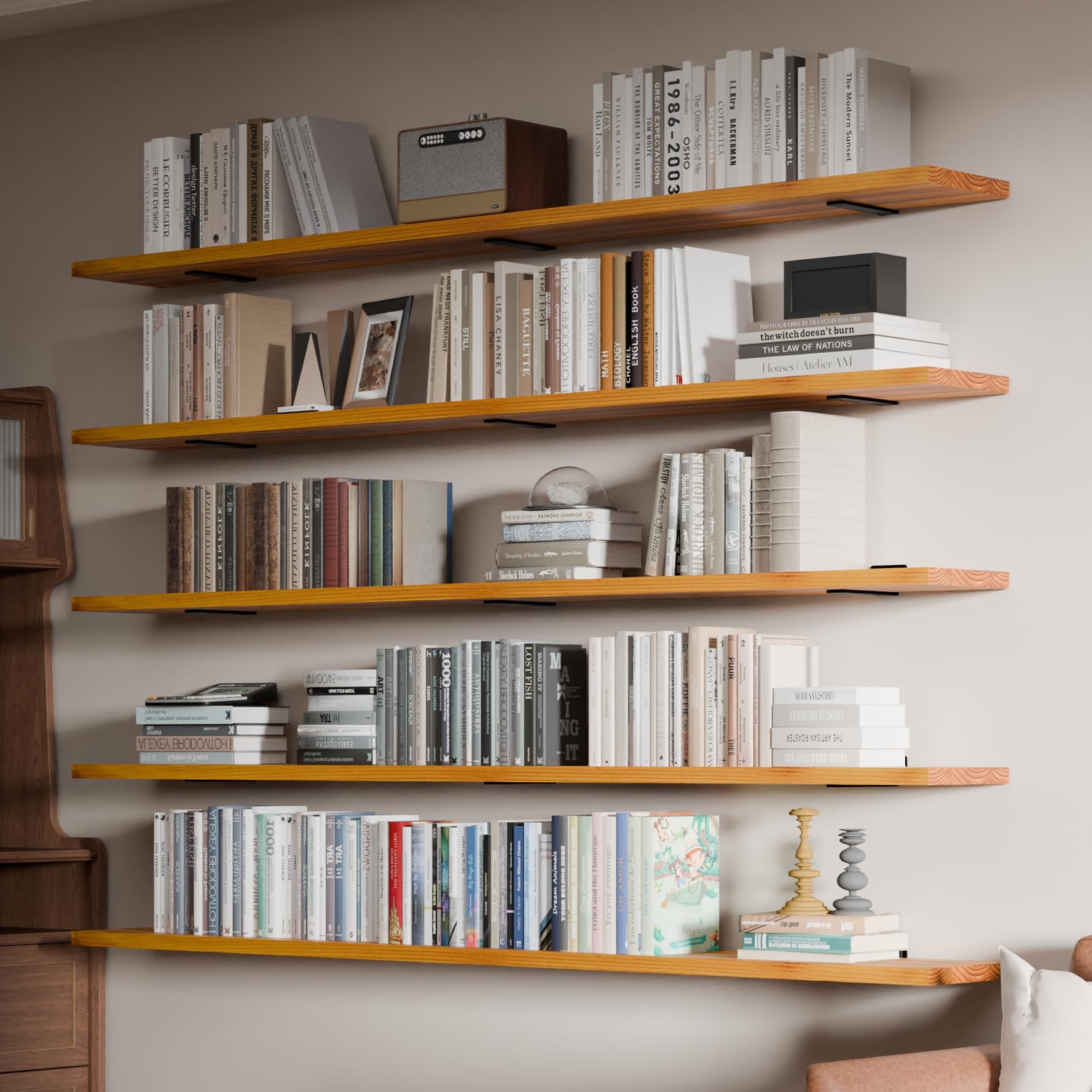 5 tier book shelf, 60 inch long floating shelf for wall,wall mounted bookshelf display shelves,solid wood large bookcase, 60 inch