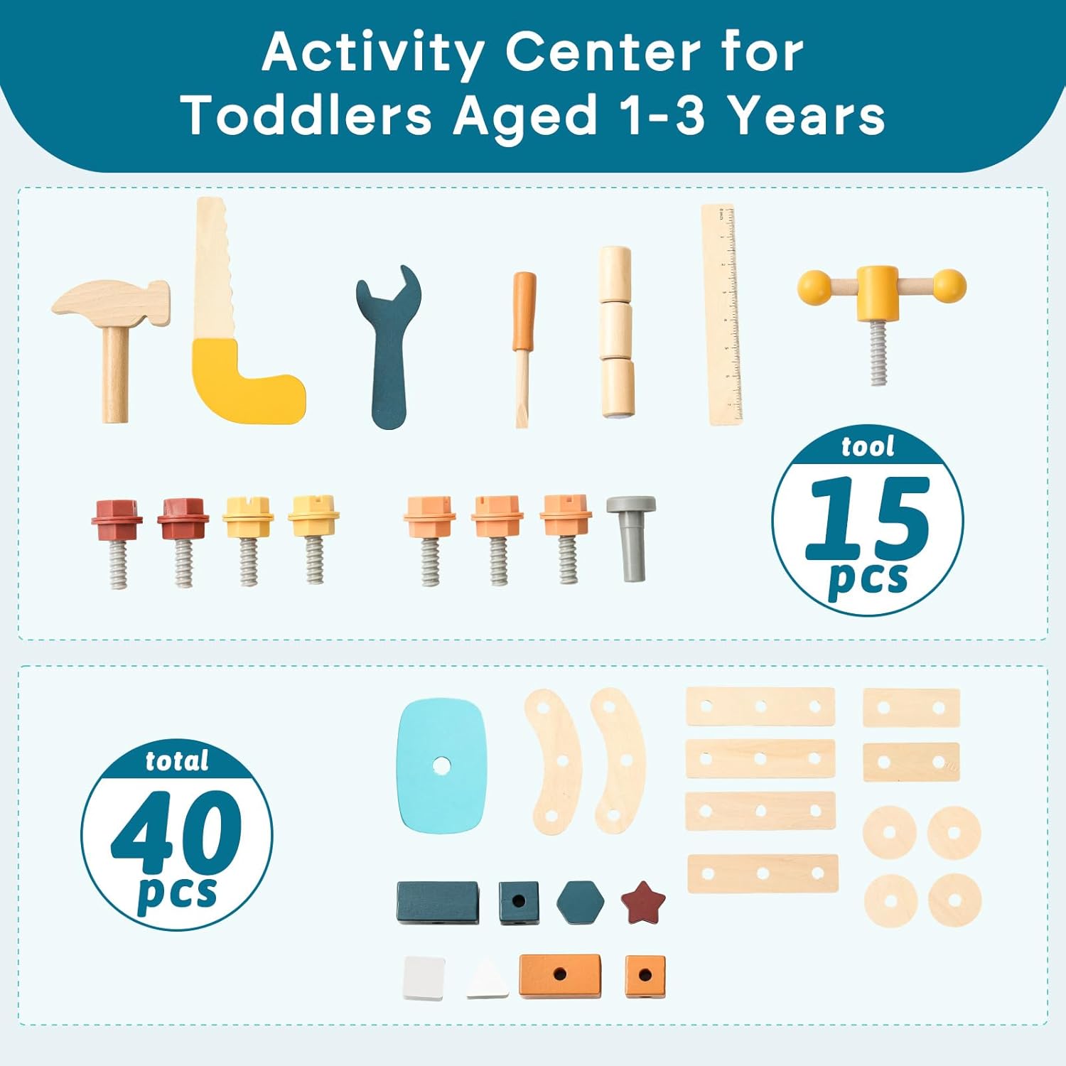 OESSUF 2-in-1 Wooden Baby Walker with 40 PCS Tool Toys – Baby Push Walker for 6-12 Months, Activity Center for Toddlers Aged 1-3 Years, Montessori Toy for Boys and Girls (Blue) image 5 of 7 B0DBL1X7MD