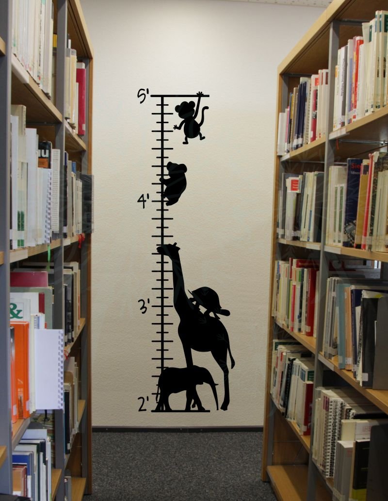 Zoo Animals Growth Chart Vinyl Decals Children Room Wall Sticker 11x37-Inch Black