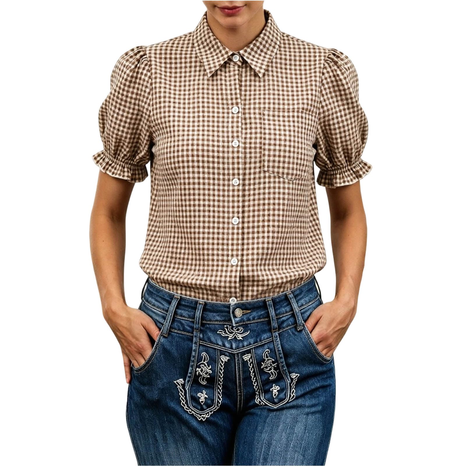 Trachtenbluse Damen Kurzarm Rot Weiß Karierte Bluse mit Knopfleiste Revers Puffärmel Kariertes Trachtenblusen für Oktoberfest Damen Outfit Moderen Bayerisches Trachten Oberteil Karohemd