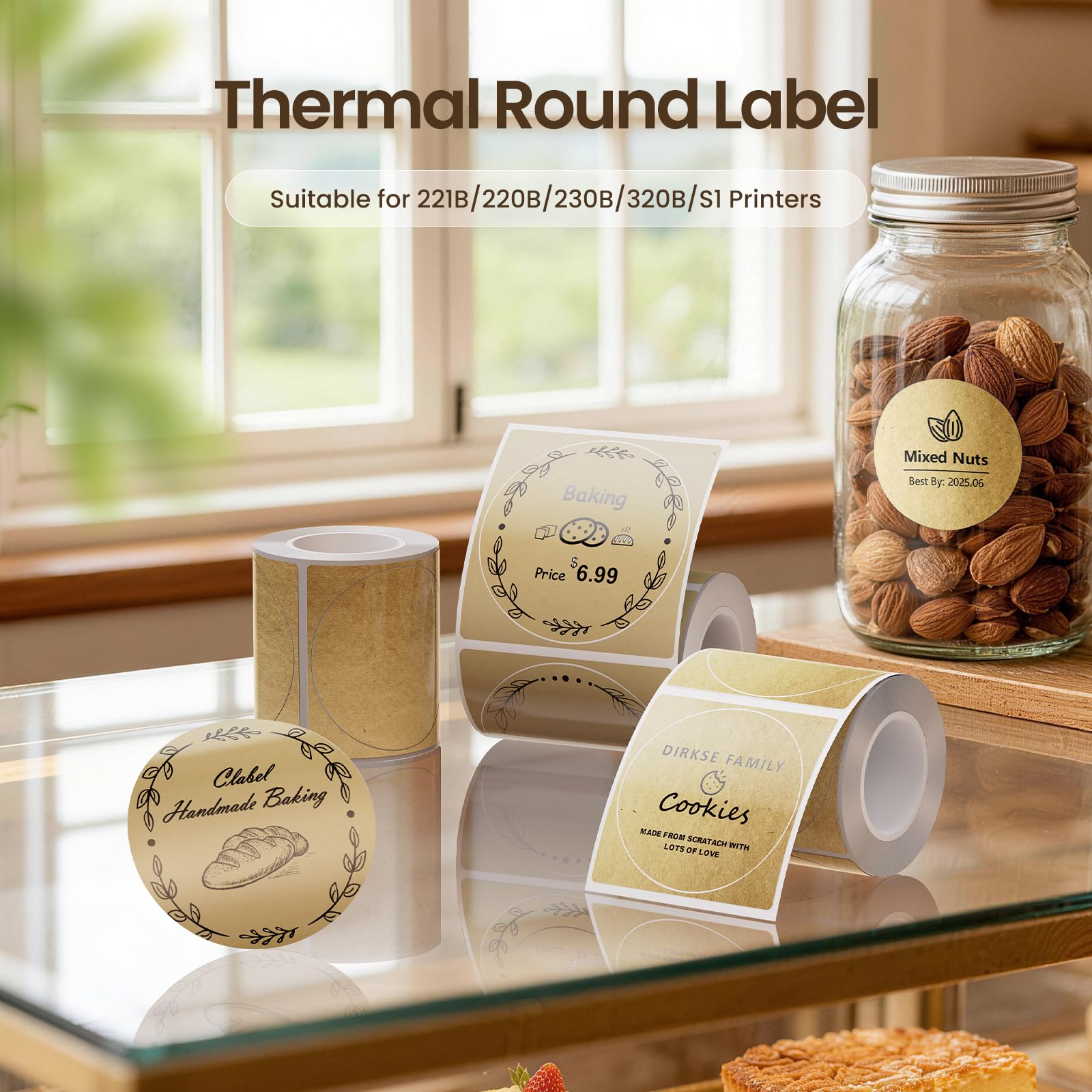 CLABEL 221B Imprimante d'Étiquettes Bluetooth Thermique + 2 Rouleaux d'Autocollants, Étiqueteuse Mobile pour Prix Codes-Barres Brocante Logo DIY Adresse, INCL. Papier Kraft & Étiquettes Blanches