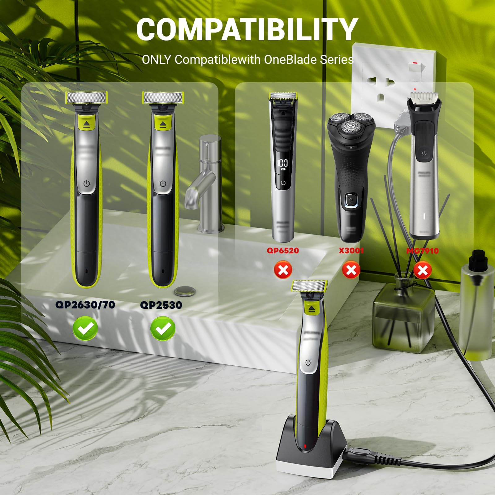 Charger Dock Compatible with Philips Norelco Oneblade QP2630 QP2530 HQ850,8V Charging Base Stand for Norelco One Blade 360 Power Cord Adapter Supply Black