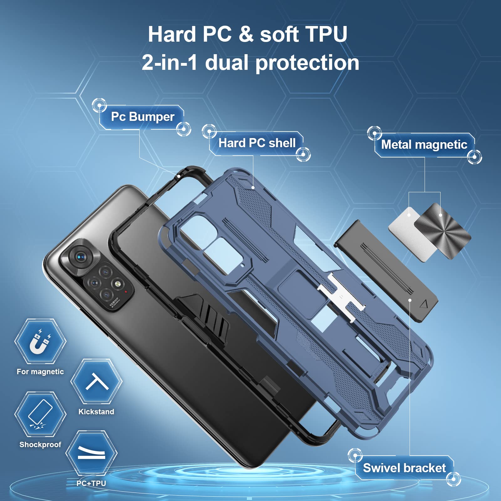 Btstring Cover per Xiaomi Redmi Note 12 Pro con Pellicola Protettiva, Militare Custodia con Stand Supporto Bumper Antiurto Case, TPU+PC Dual Layer Custodia- blu