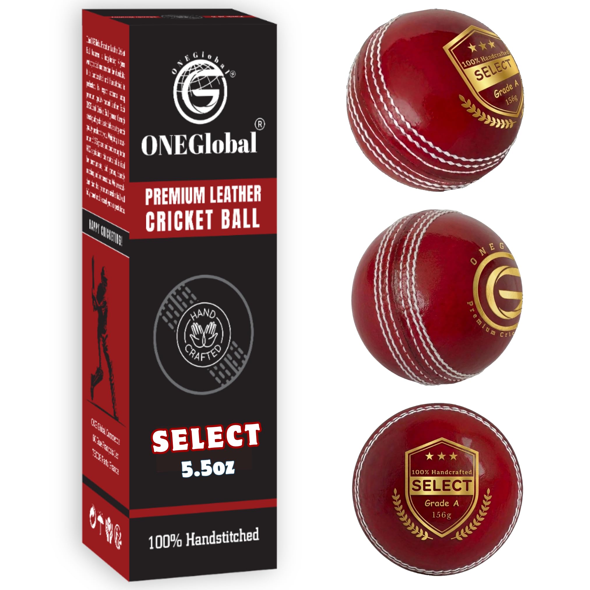 ONEGlobal Select Leather Cricket Ball for Match, Practice & Training | Senior 5.5oz & Junior 4.75oz Genuine Leather Hard Cricket Balls in Red, White, Pink or Red&White (3-RED, Senior)