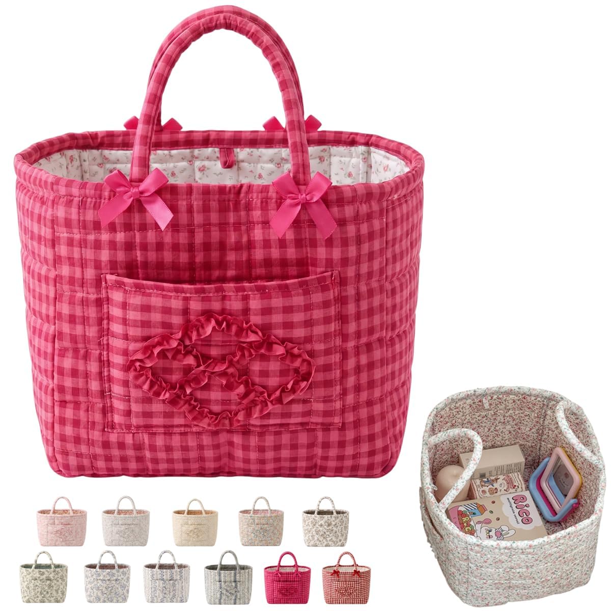 LKHYUKU Women's Large Capacity Quilted Car Storage Basket Tote Bag Foldable Washable Multifunctional Diaper Organizer for Moms Daily Use，grid rose