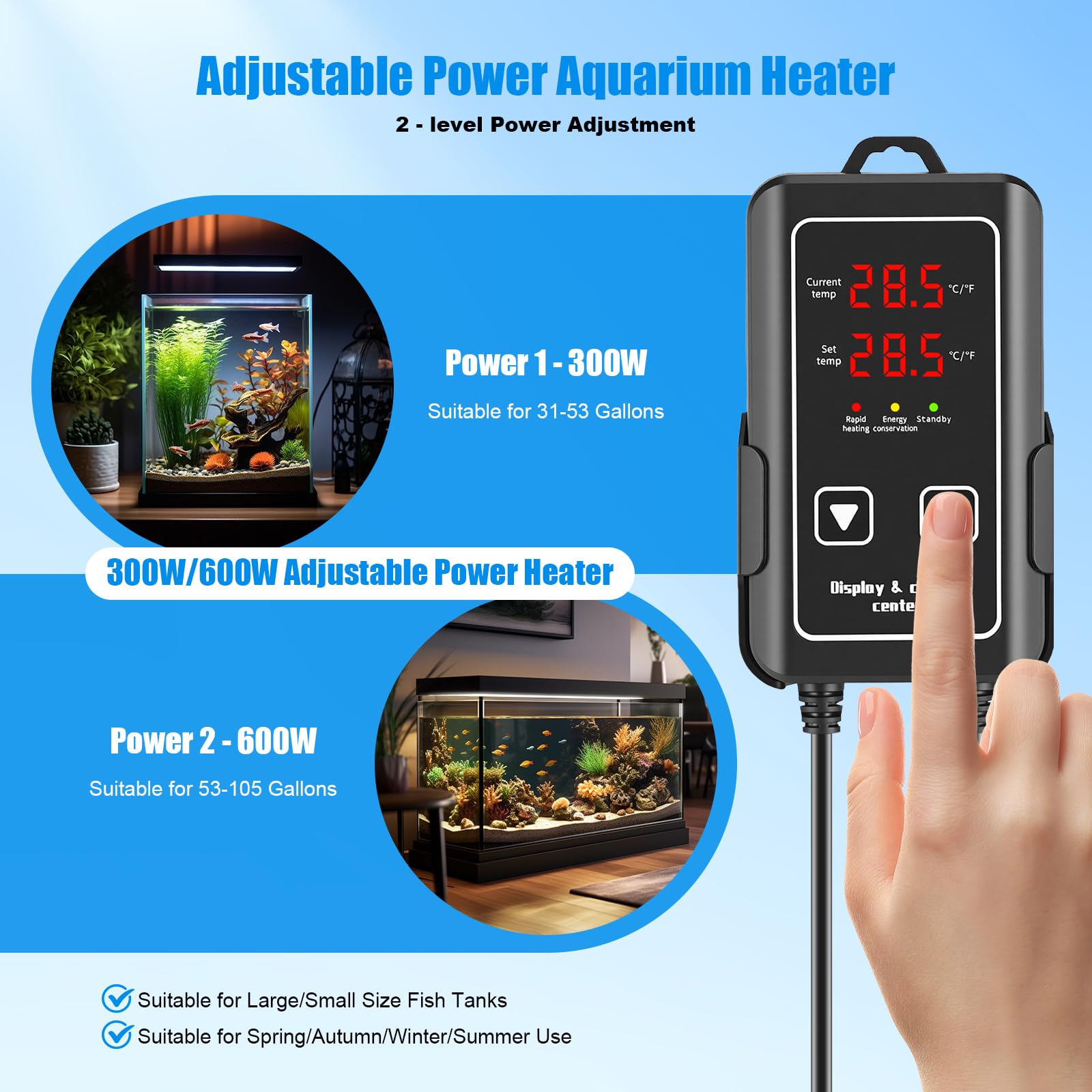 Chauffage pour Aquarium 300W, Thermostat Digital avec Double Affichage, Arrêt Automatique & Protection Surchauffe, pour Eau Douce/Salée (Câble 2,3 m)