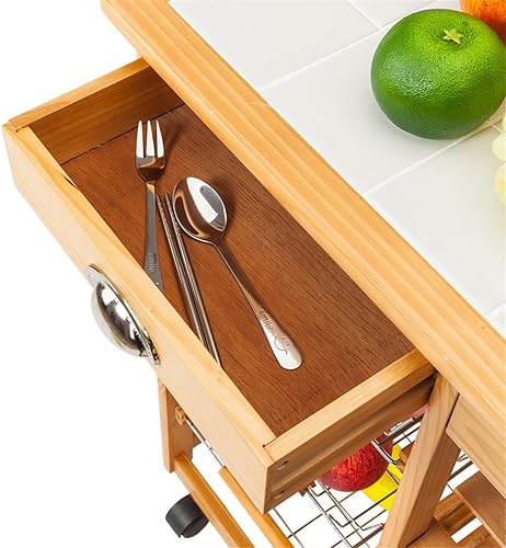 Miniatura 7 de Carrito de cocina con ruedas, encimera de azulejos con 2 cajones, 3 cestas de metal para alimentos y 2 estantes abiertos y 1 estante para vinos,