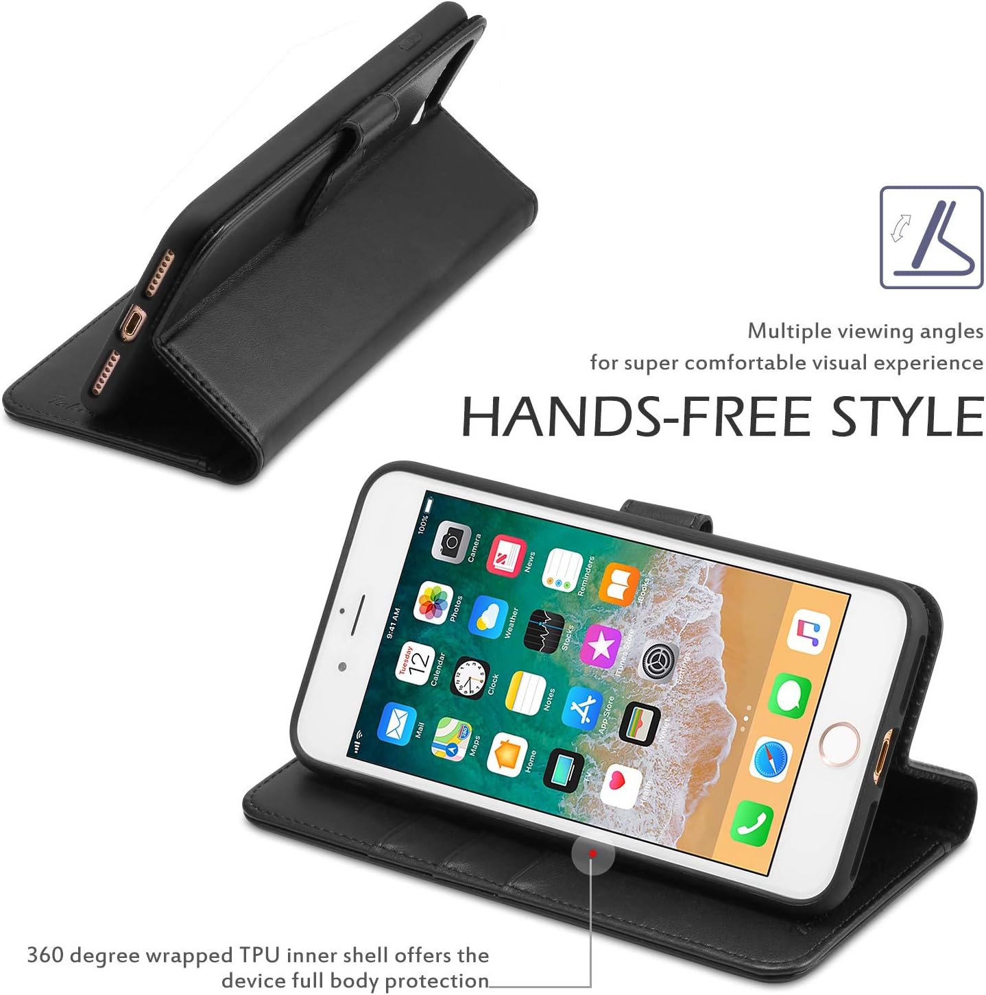 TUCCH iPhone 8 Plus Case, iPhone 7 Plus Wallet Case, Leather Wallet Phone Case [Card Slot] [Flip] [Wallet] [Stand] Carry-All Case Compatible with iPhone 8 Plus/7 Plus 5.5 Inch, Black