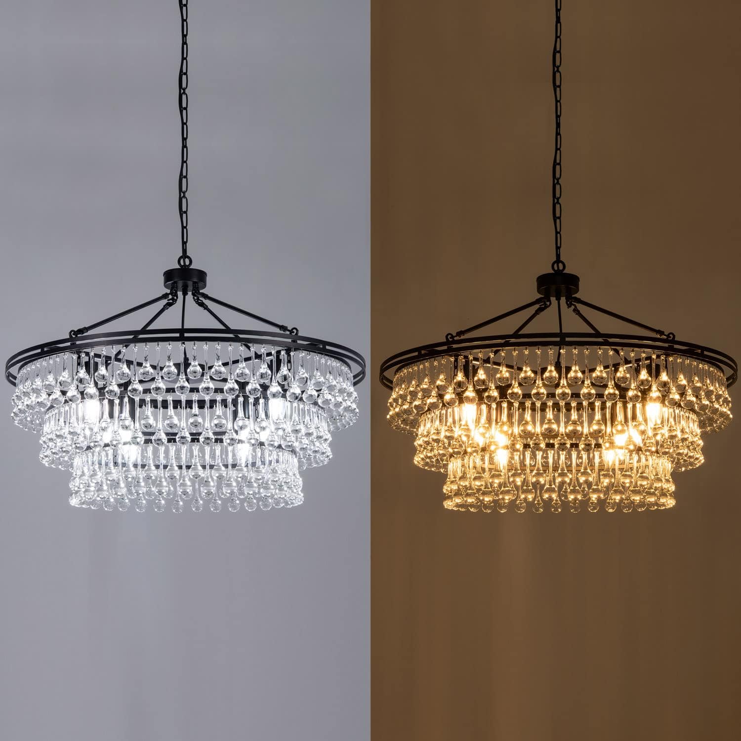Wellmet Large Black Farmhouse Chandelier - 32" Round Modern Crystal Teardrop Chandelier for Dining Room, Bedroom, Kitchen, Hallway, Closet, Living Room