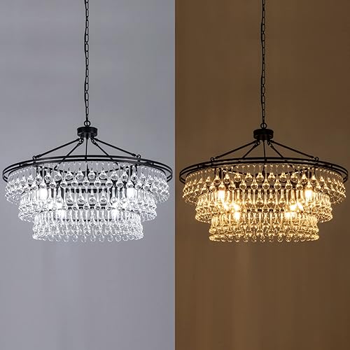 Miniatura 7 de Wellmet Candelabro grande negro de estilo rústico  Lámpara redonda moderna de lágrima de cristal de 32 pulgadas para comedor, dormitorio, cocina,