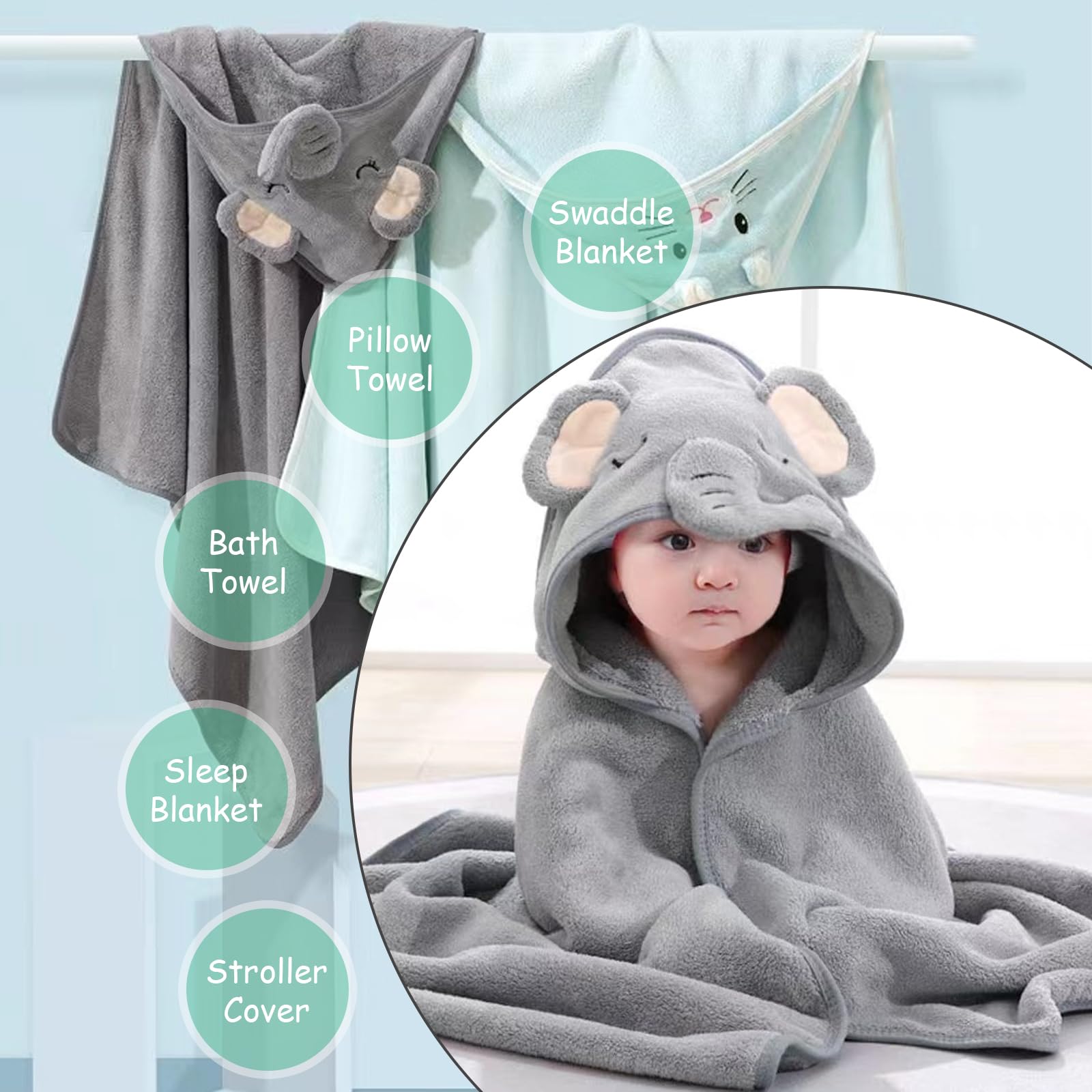 PORFOYO 3 Pièces Cape de Bain Bébé, 80 x 80cm Serviette à Capuche, Sortie de Bain, Cape de Bain Bébé à Capuche, Serviette de Bain 0-3 Ans (Vert, Bleu)