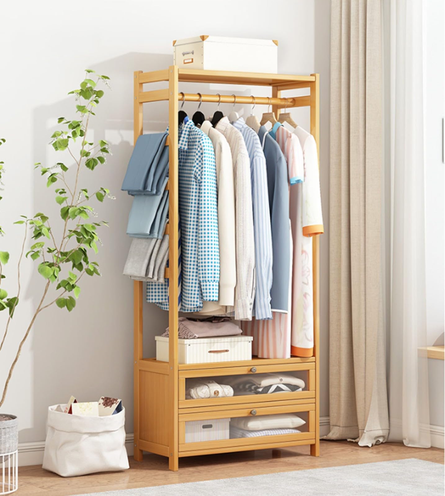Porte-vêtements portable en bois noble vestiaire de style avec porte-pantalons